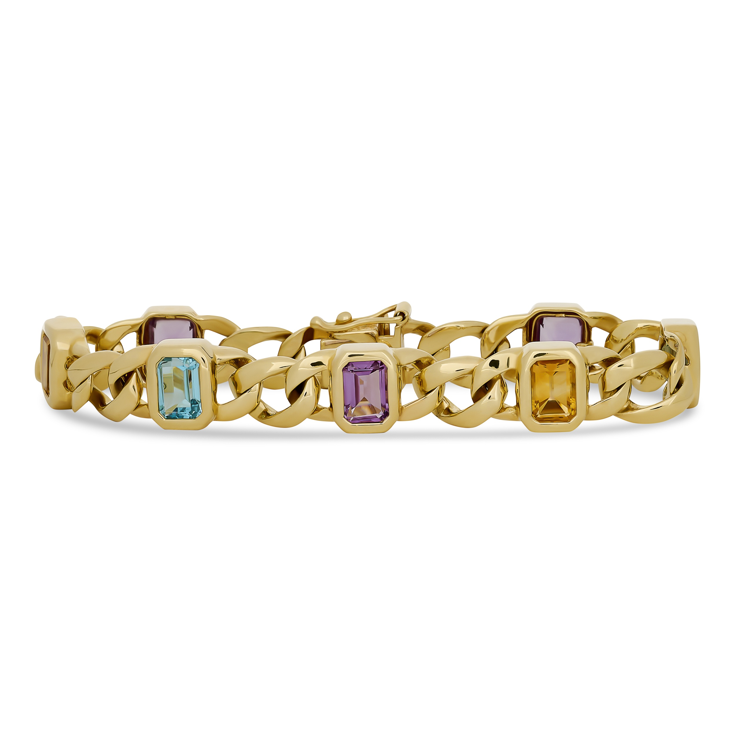 Estate 14K Yellow Gold Multi-Gemstone Bezel Set Station Link Bracelet