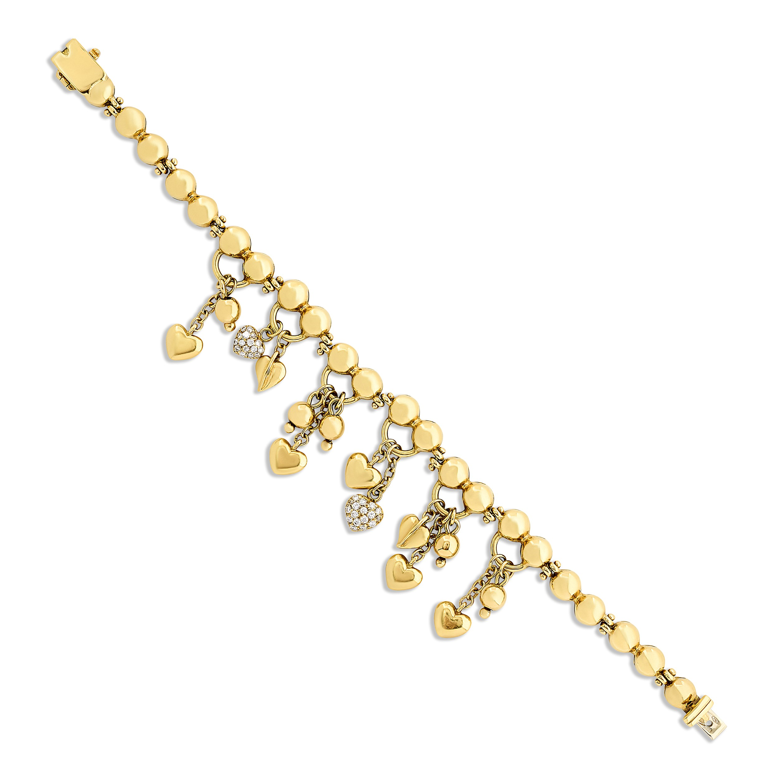 Estate 18K Yellow Gold Diamond Heart Charm Bracelet