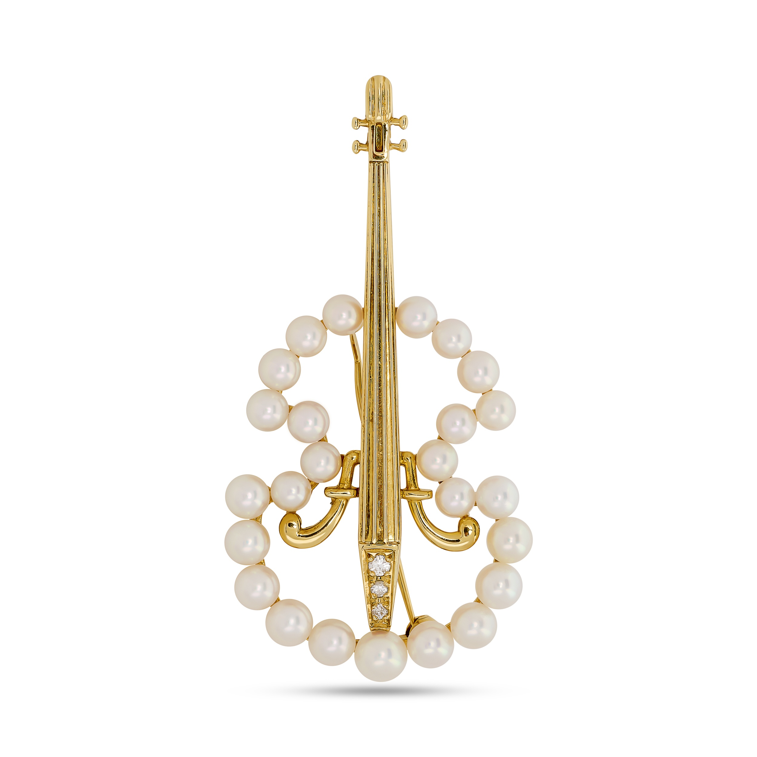 Estate Mikimoto 18K Yellow Gold Pearl and Diamond Cello Pin