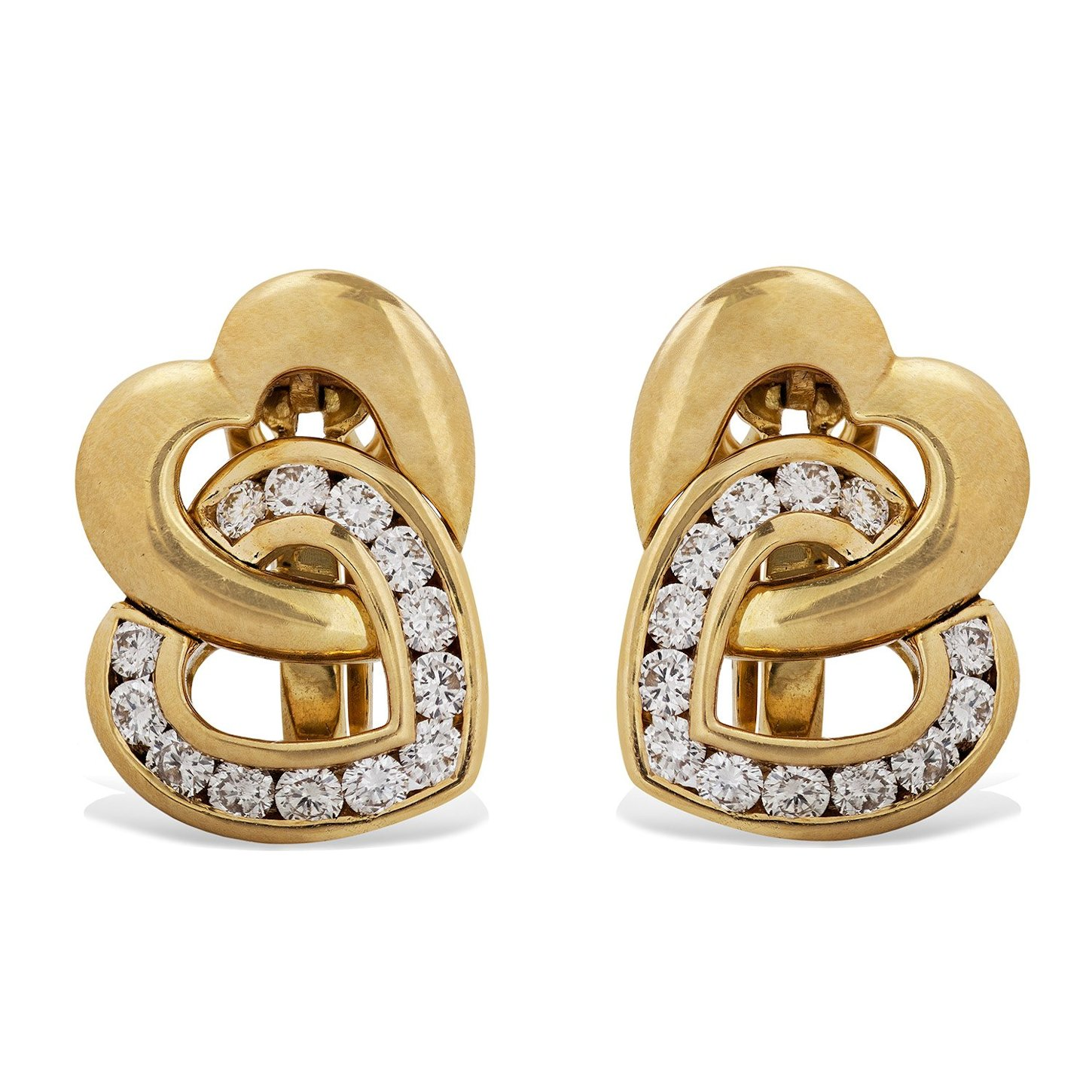 Estate Birks 18K Yellow Gold Diamond Double Heart Clip/Post Convertible Earrings
