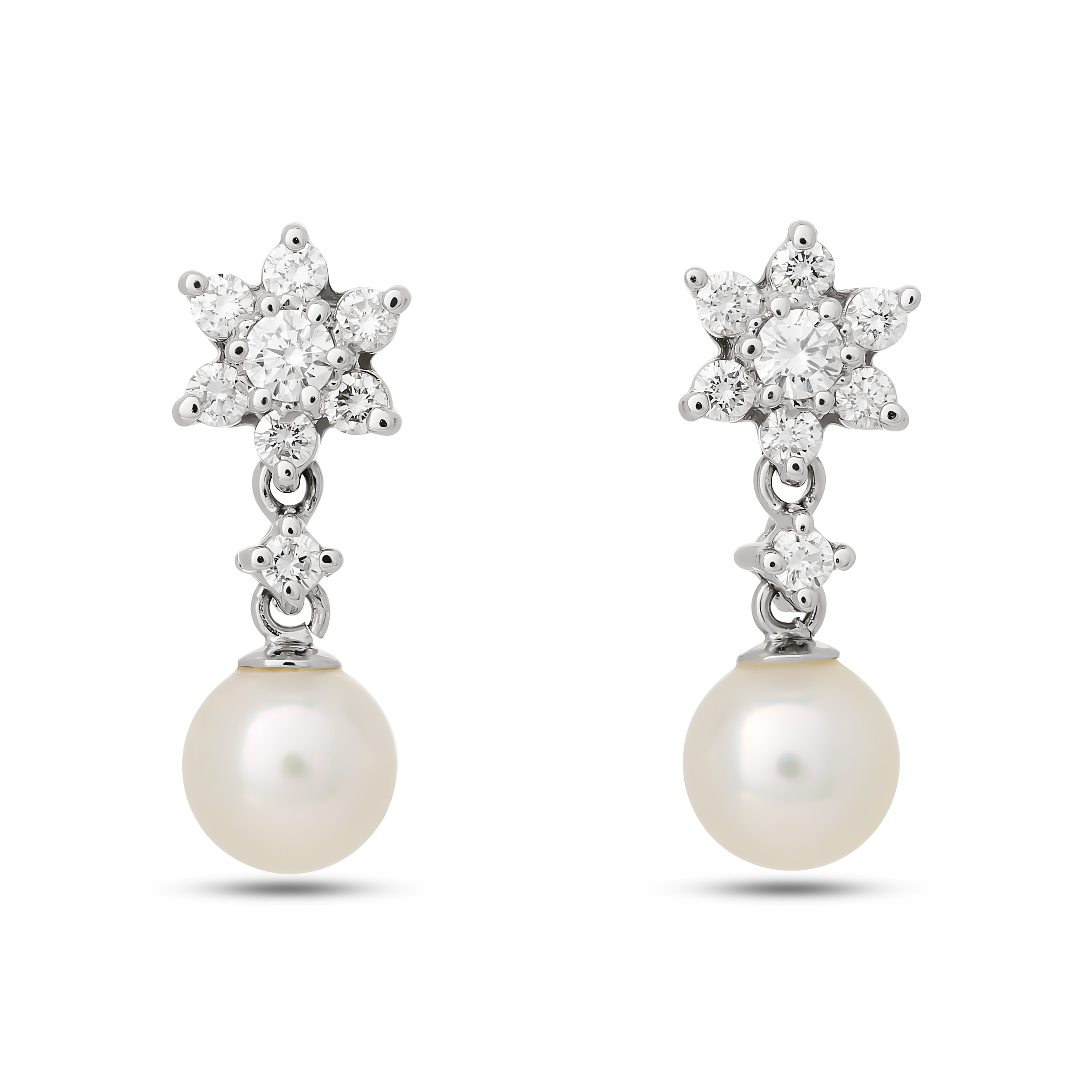 Estate 14K White Gold Pearl and Diamond Star Dangling Earrings