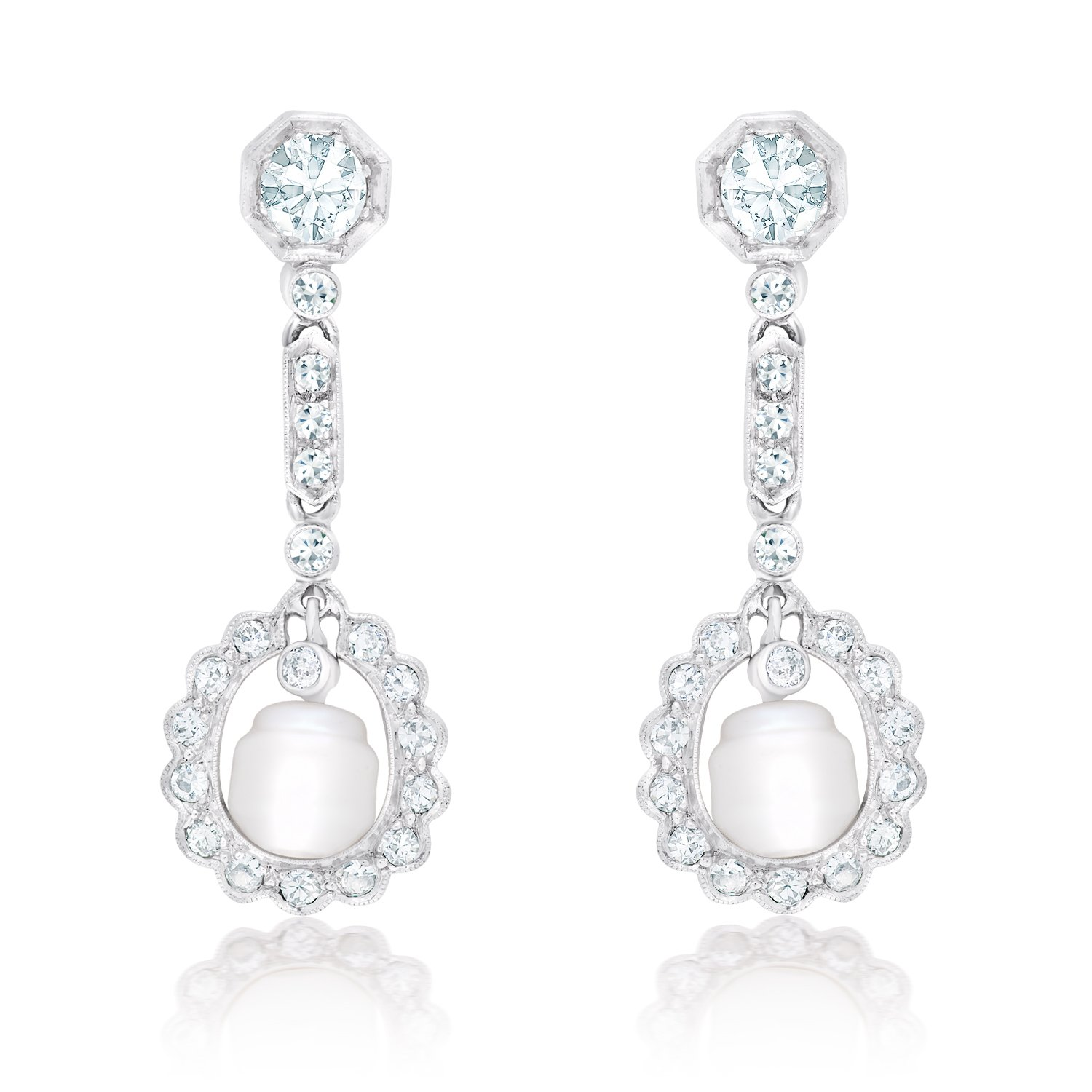 Estate Platinum Antique Baroque Pearl & Diamond Dangle Earrings