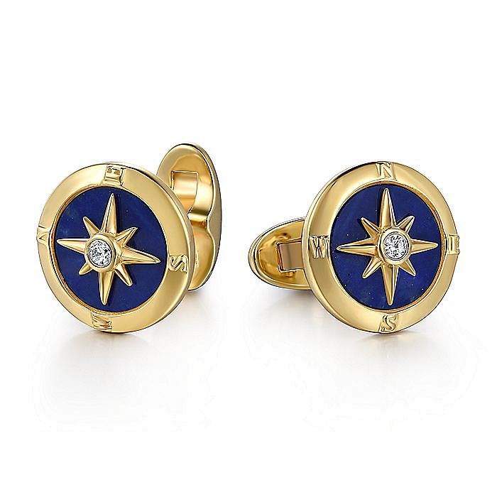 Gabriel & Co 14K Yellow Gold Round Diamond & Lapis Cufflinks