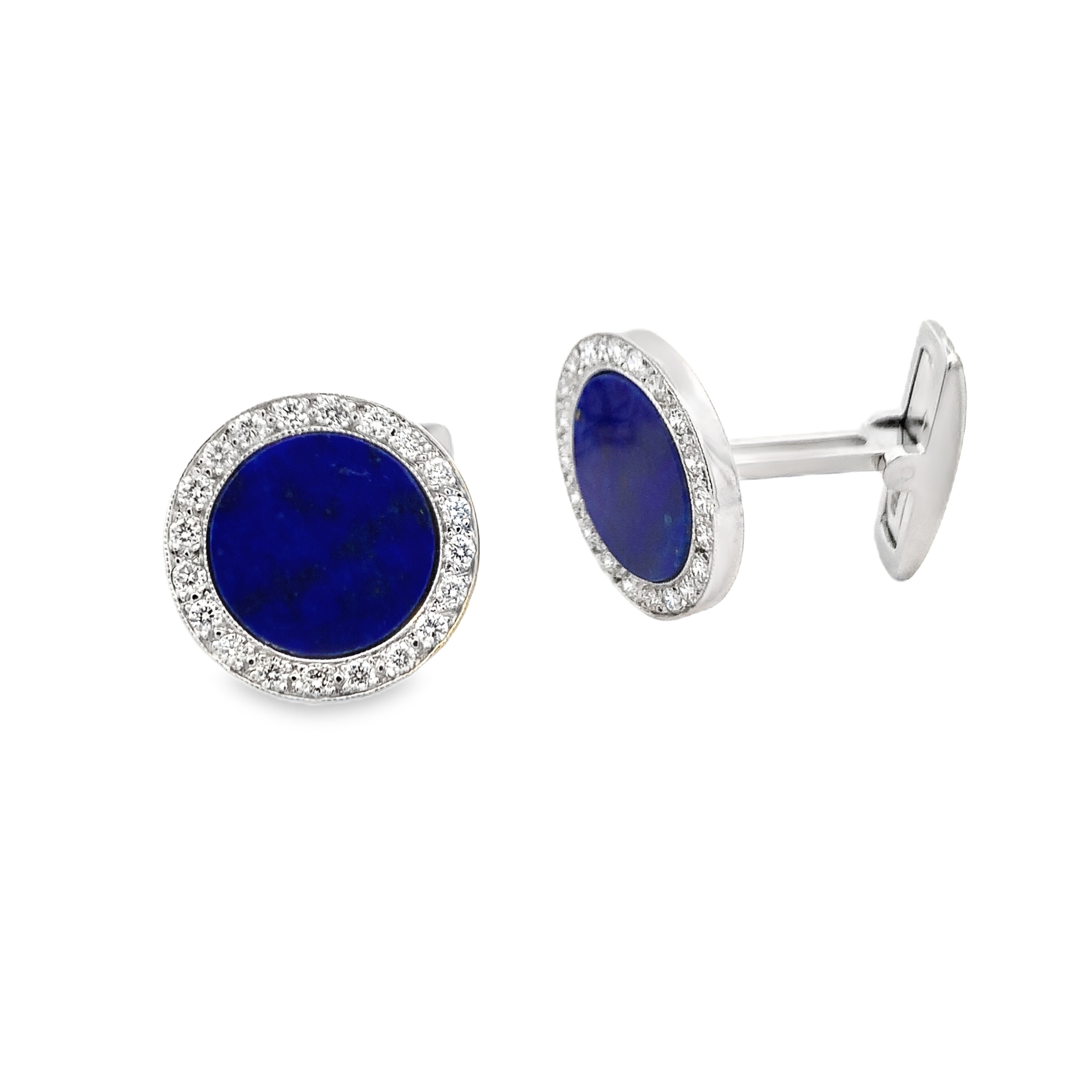 18K White Gold Lapis & Diamond Round Cufflinks