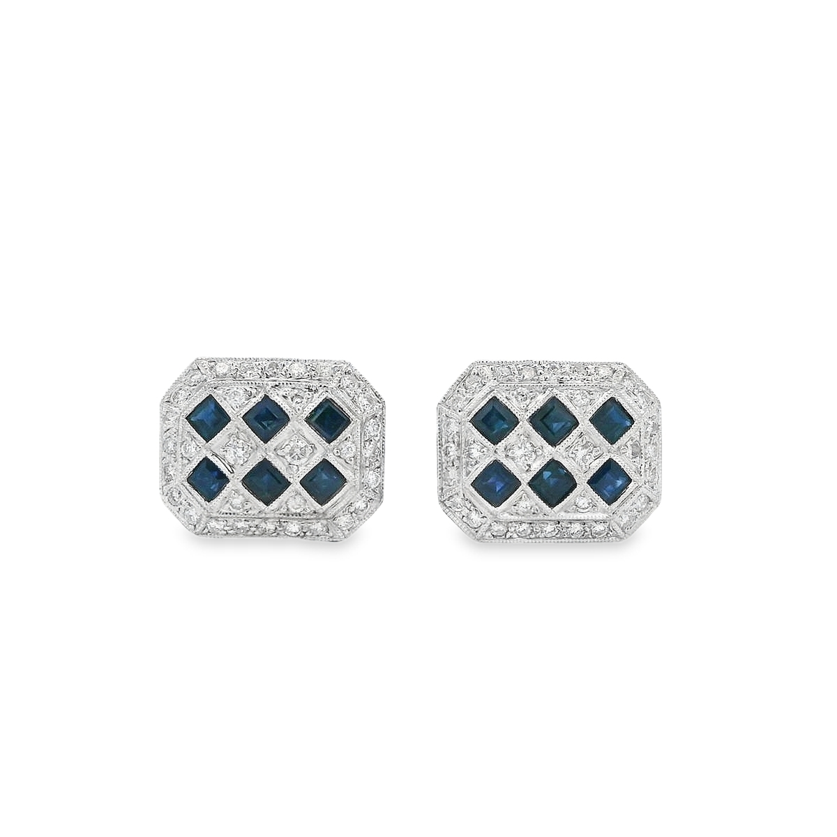 18K White Gold Sapphire and Diamond Checkerboard Cufflinks