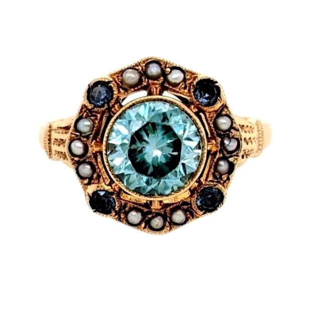 Blue Zircon and Pearl Ring