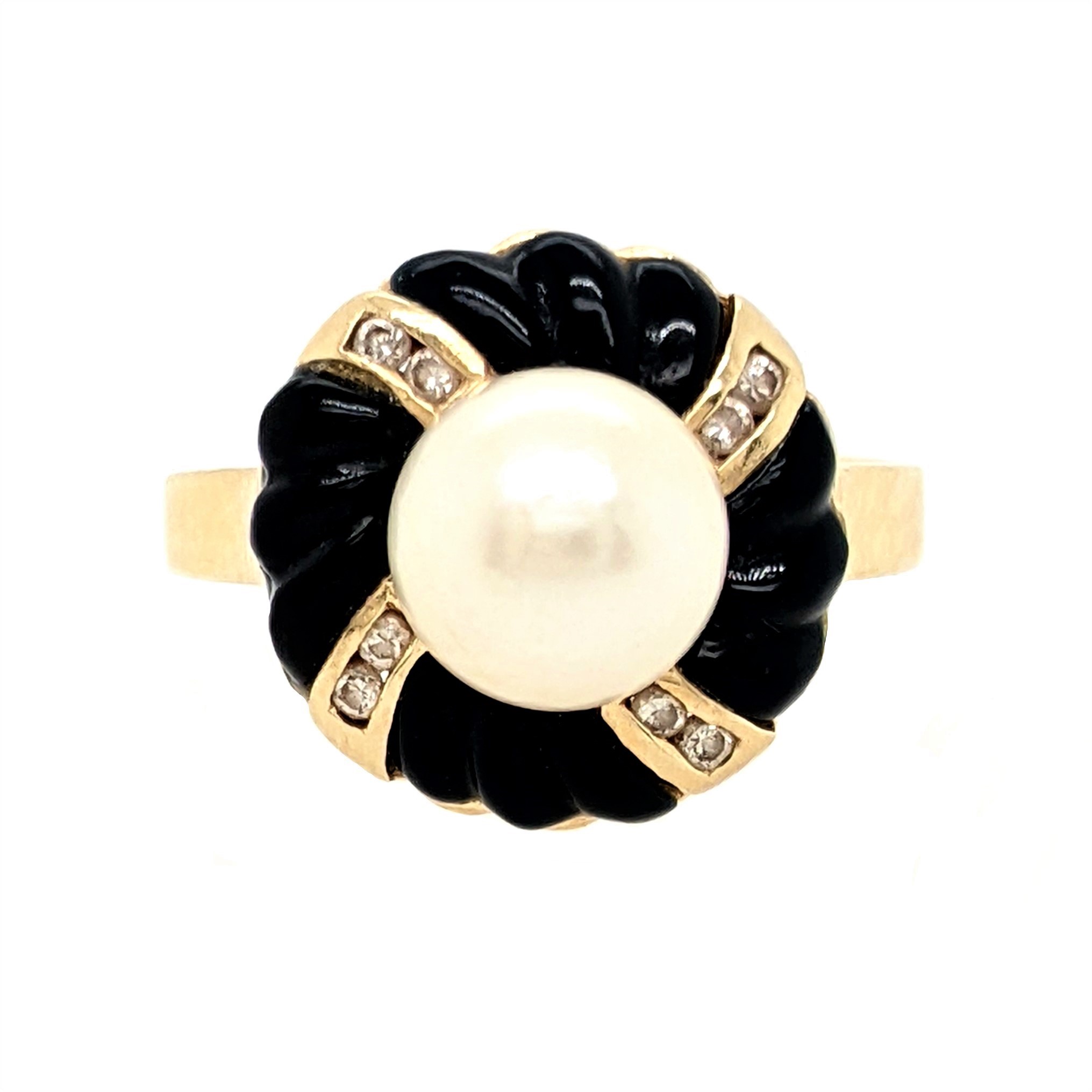 14K YG Pearl, Onyx & Apx 1/10ctw Dia Ring Size 7.25