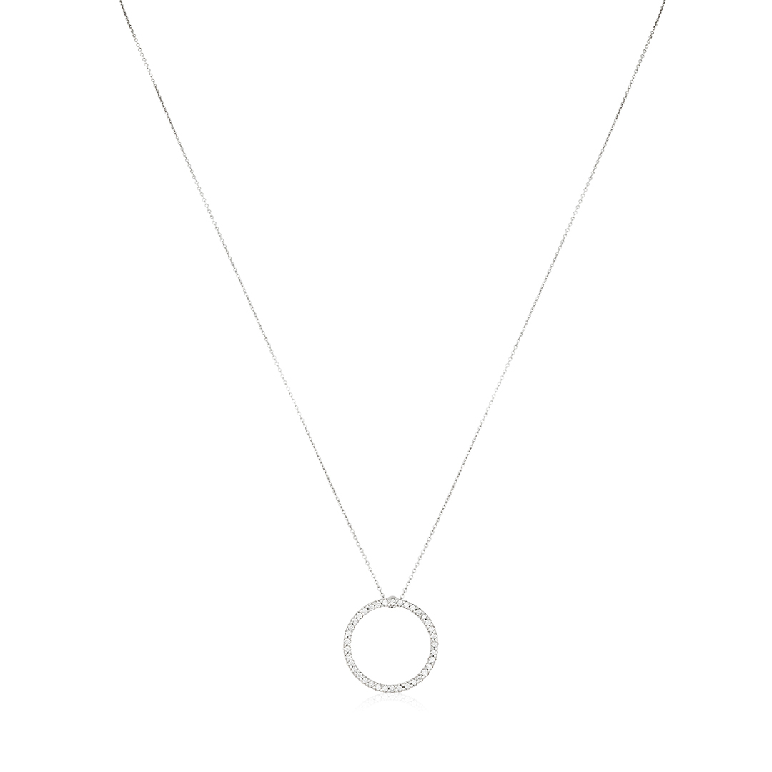 18K White Gold Circle Diamond Pendant Necklace