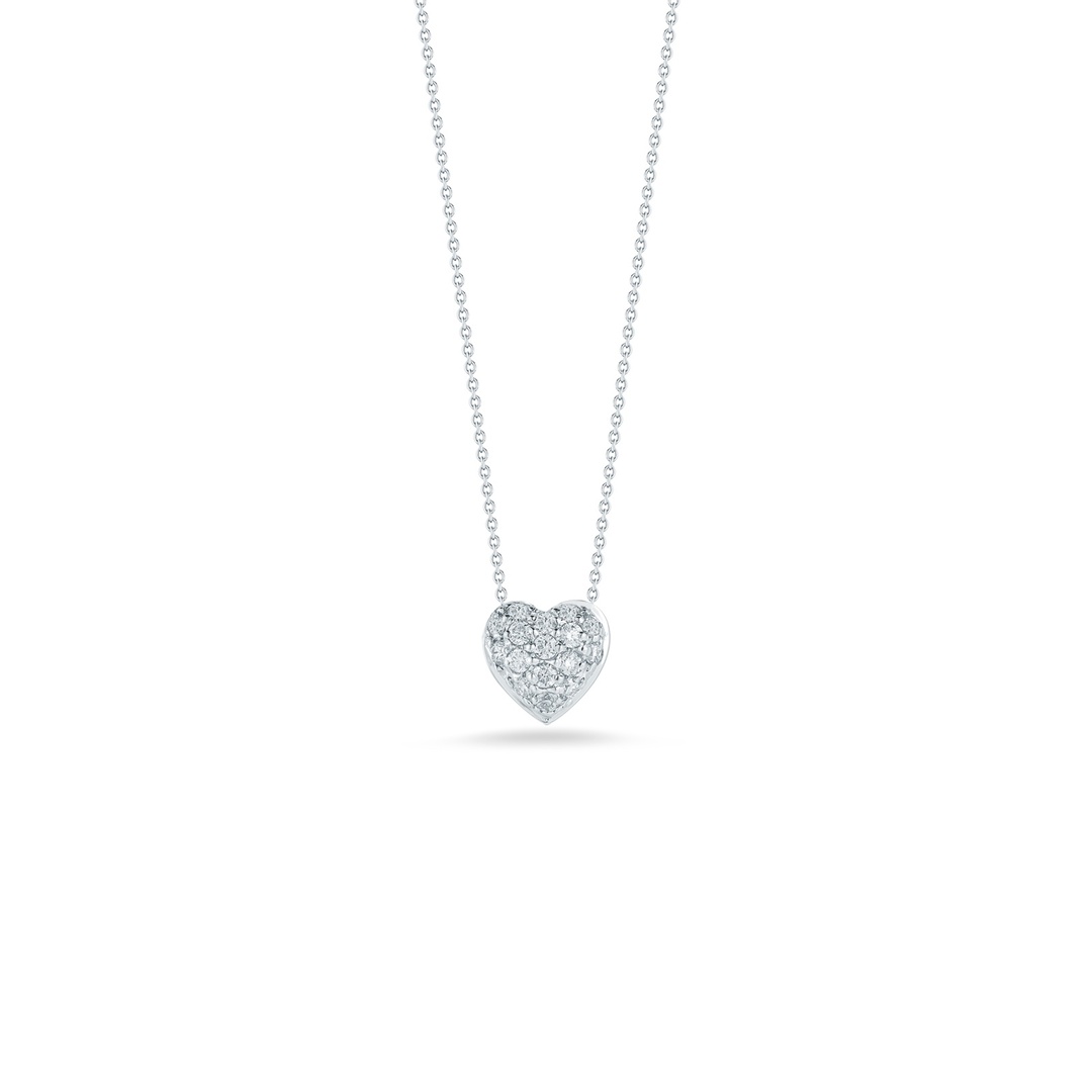 18K White Gold Puffed Heart Diamond Pendant Necklace