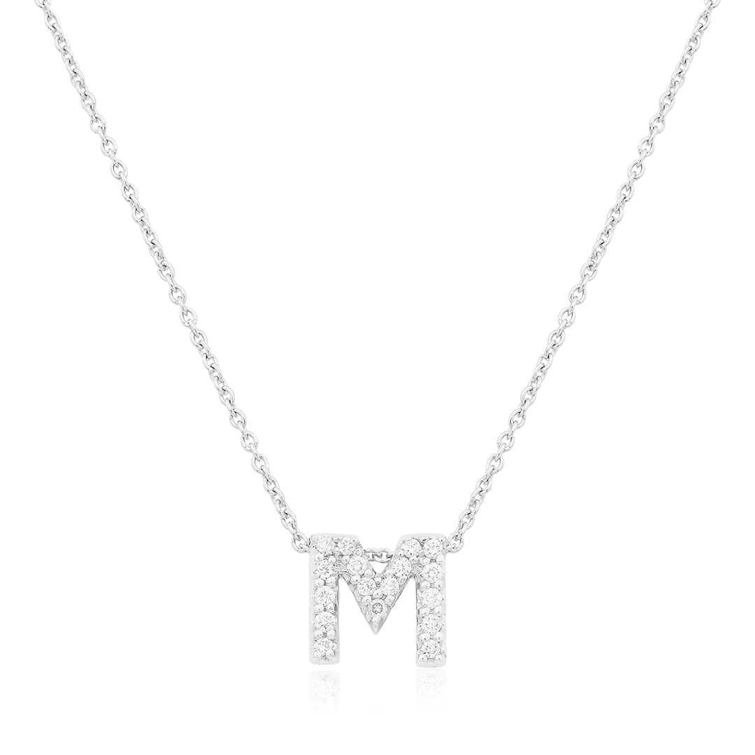 18K White Gold Love Letter Collection Diamond M Initial Necklace