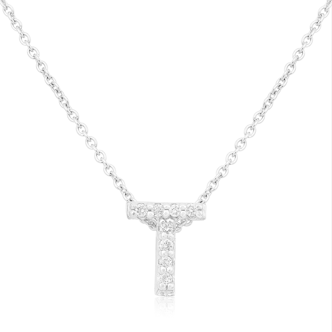 18K White Gold Love Letter Collection Diamond T Initial Necklace
