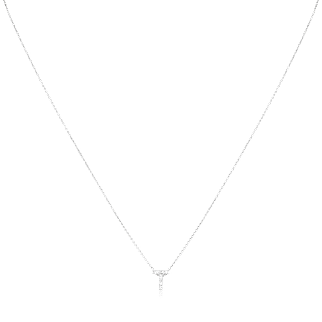 18K White Gold Love Letter Collection Diamond T Initial Necklace