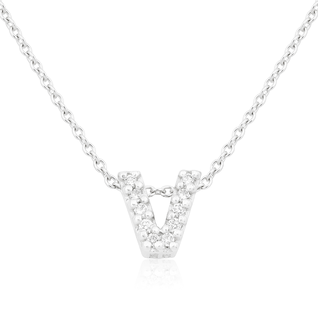 18K White Gold Love Letter Collection Diamond \V\ Initial Necklace