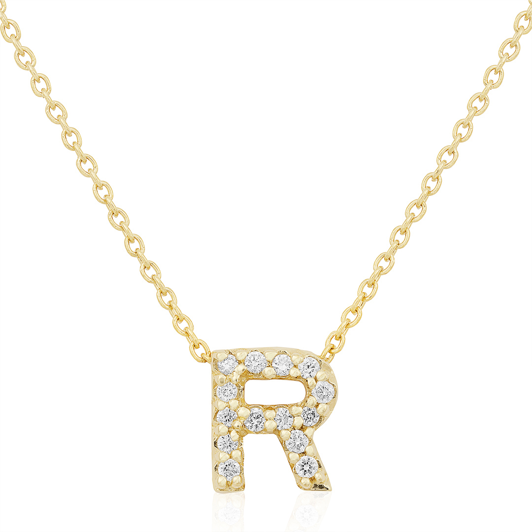 18K Yellow Gold  Diamond R Necklace