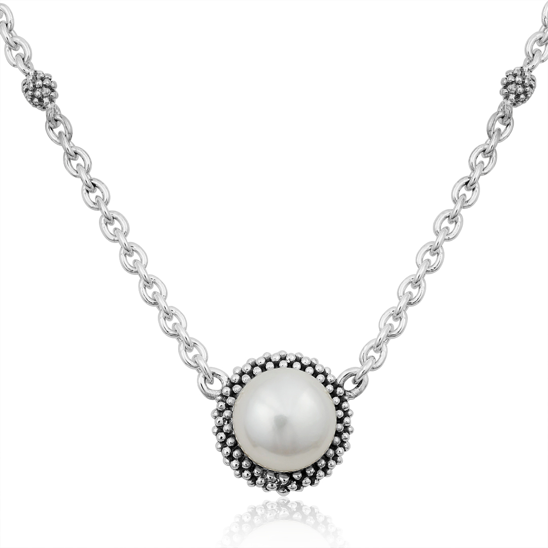 Sterling Silver Beaded Necklace with a Pearl Pendant