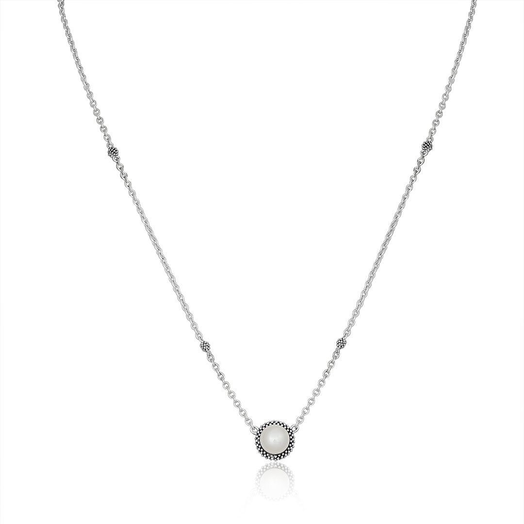 Sterling Silver Beaded Necklace with a Pearl Pendant