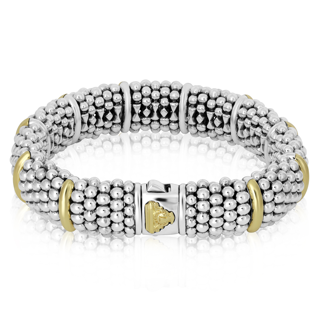 Sterling Silver Oval Caviar Bracelet 18K Yellow Gold