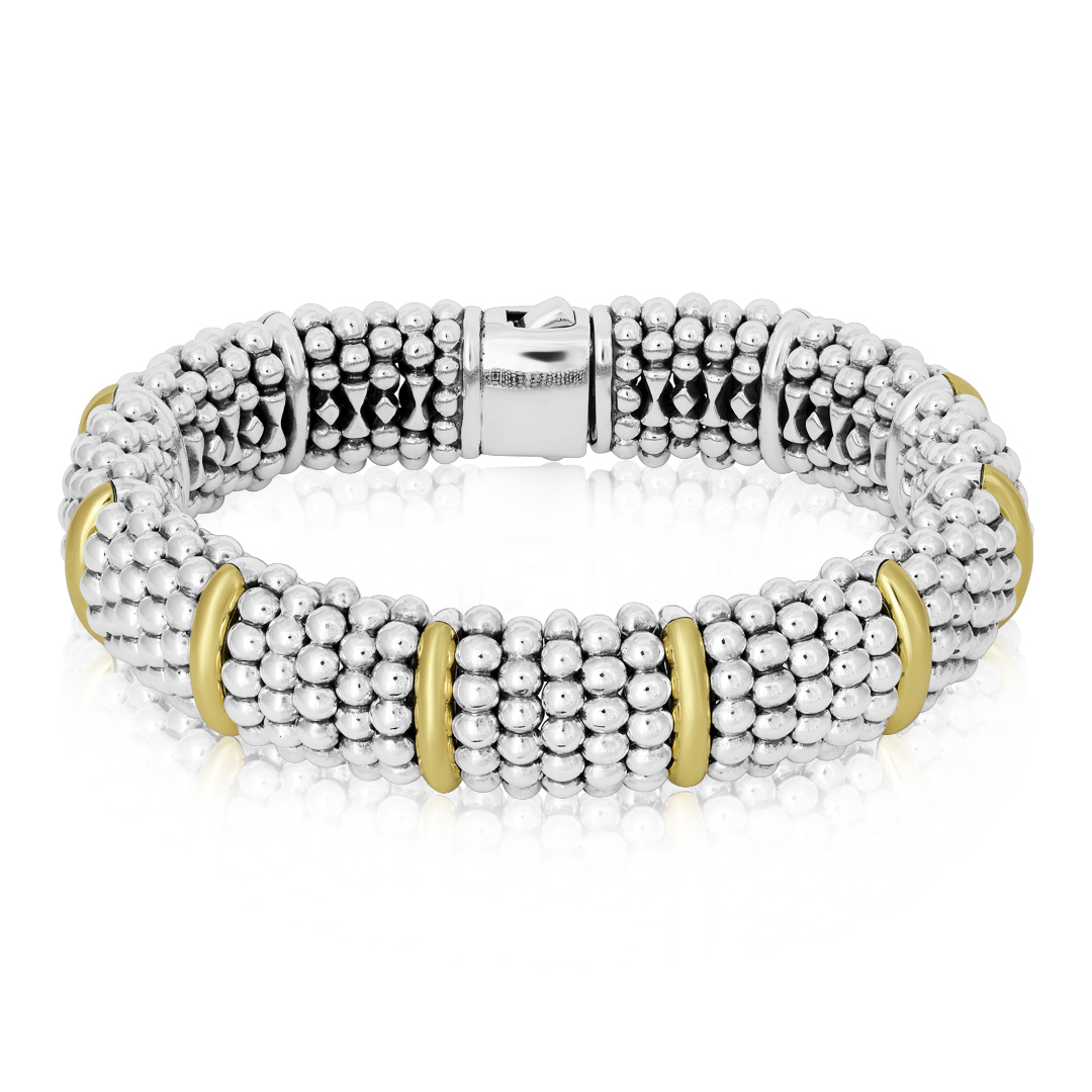 Sterling Silver Oval Caviar Bracelet 18K Yellow Gold