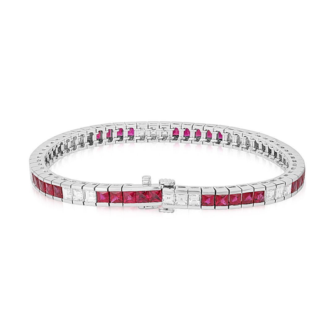 18K White Gold Princess Cut Ruby and Diamond Straight Line Bracelet