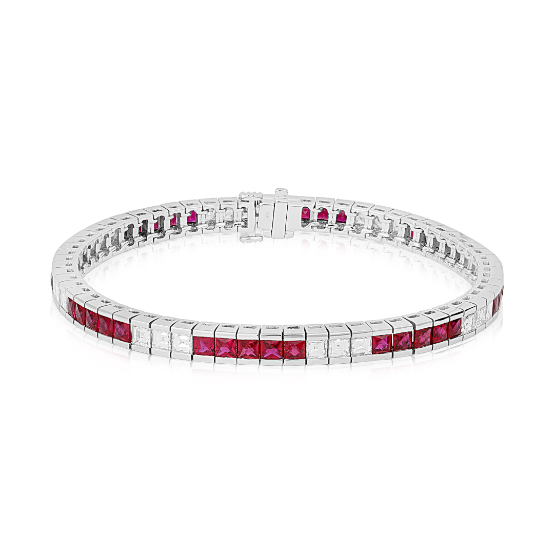 18K White Gold Princess Cut Ruby and Diamond Straight Line Bracelet