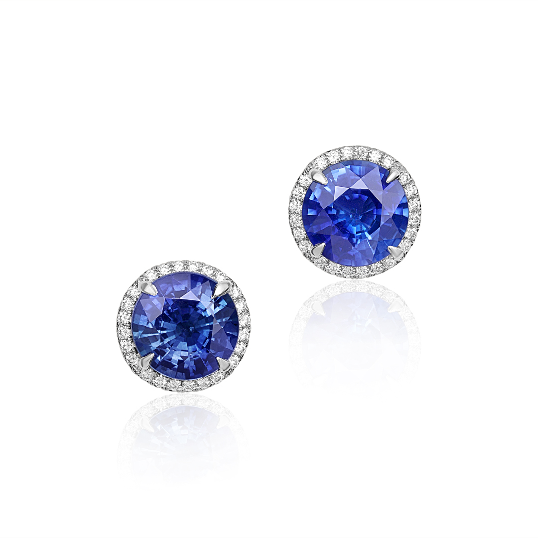 18K White Gold Platinum Sapphire and Diamond Halo Stud Earrings itemprop=