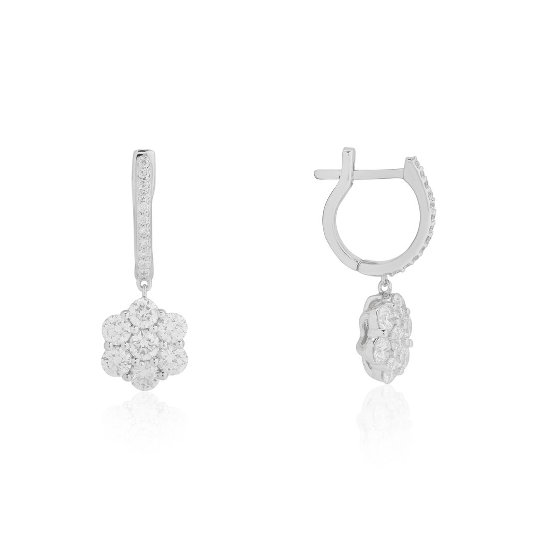 18k White Gold and Diamond Cluster Huggie Earrings