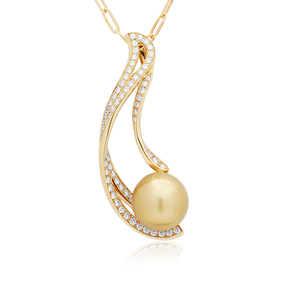 18K Yellow Gold Golden South Sea Pearl and Diamond Pendant