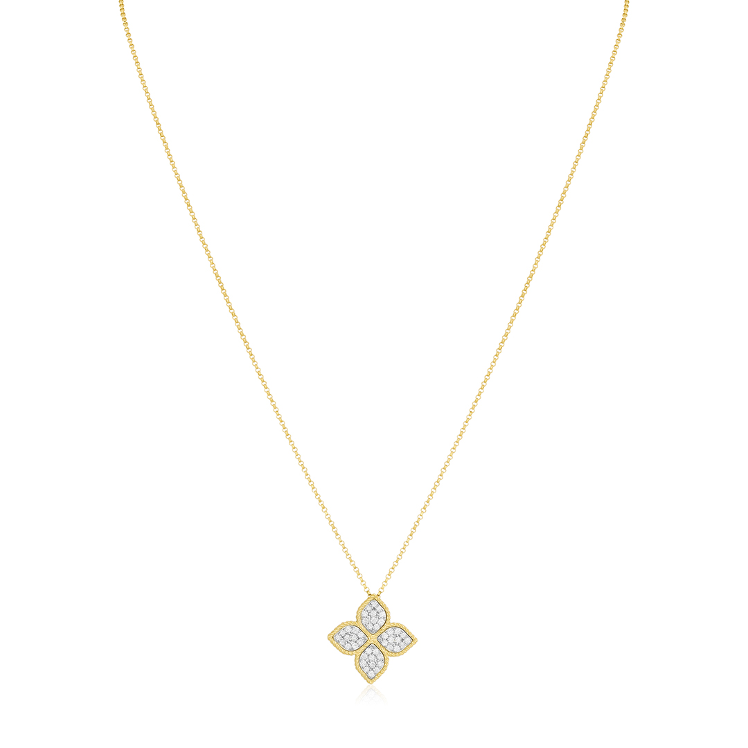18K Yellow Gold Large Diamond Princess Flower Necklace