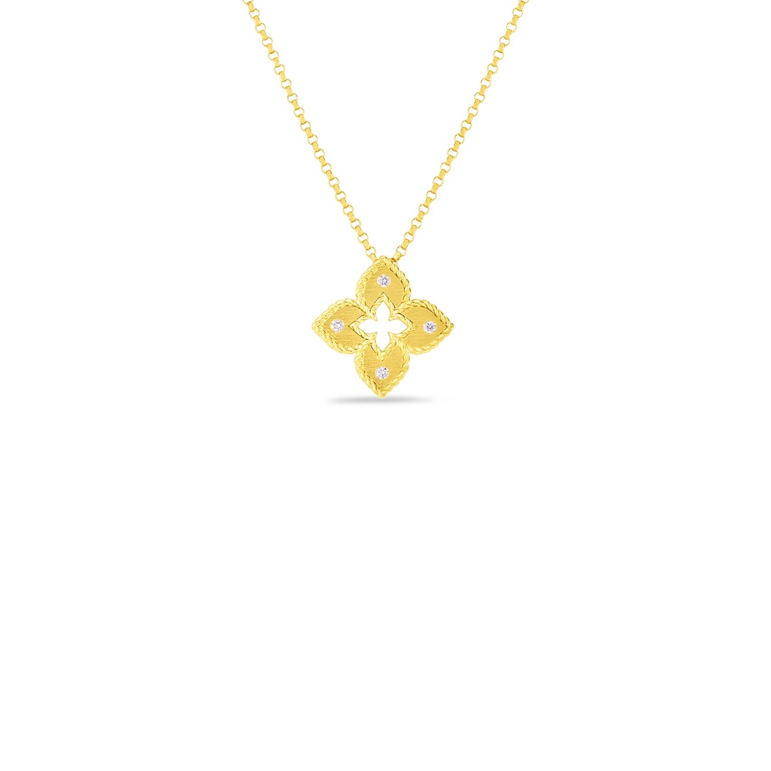 18K Yellow Gold Venetian Princess Collection Flower Diamond Pendant Necklace