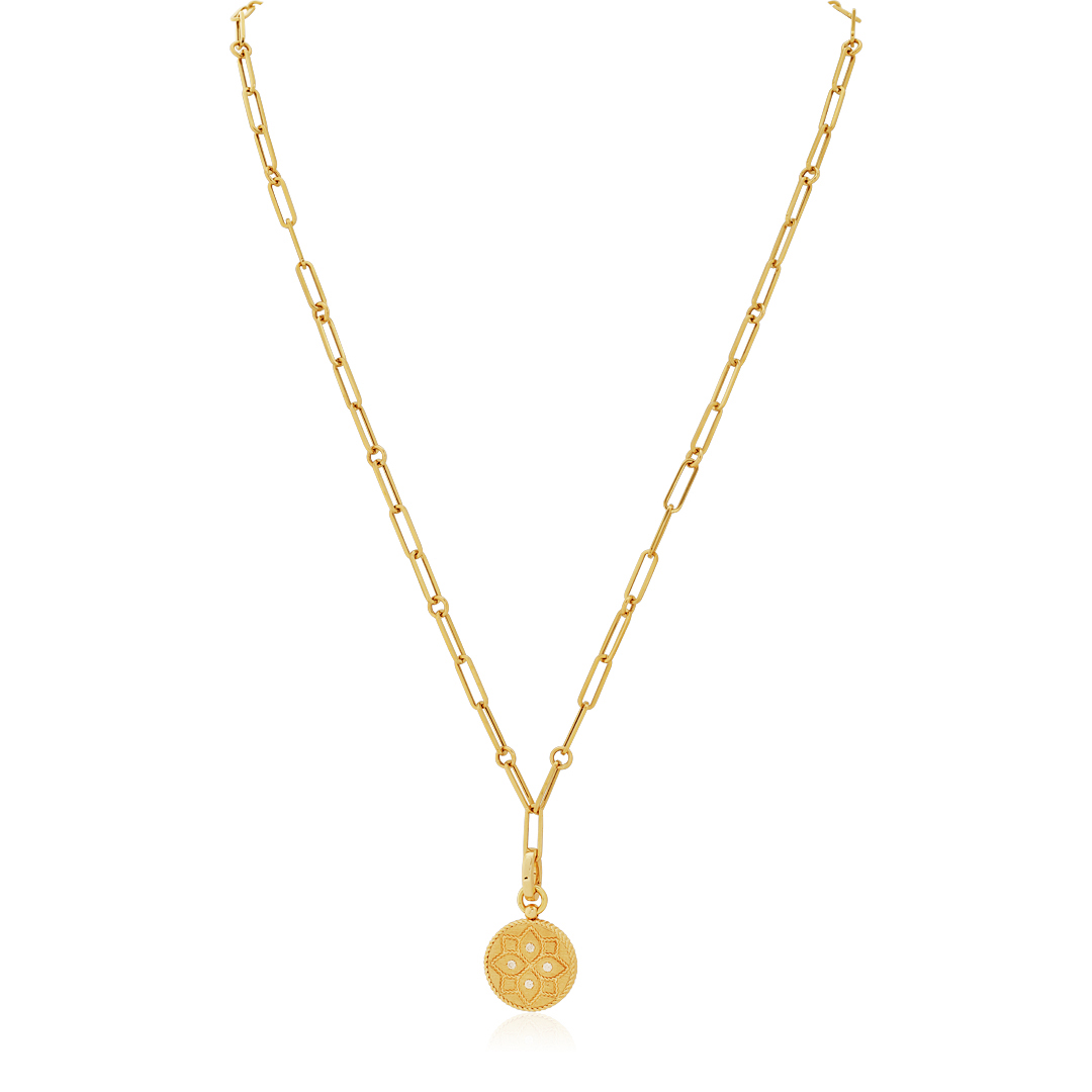 18K Yellow Gold Venetian Princess Collection Paperclip Chain and Diamond Medallion Pendant Necklace
