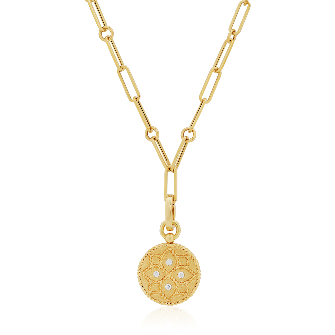 18K Yellow Gold Venetian Princess Collection Paperclip Chain and Diamond Medallion Pendant Necklace