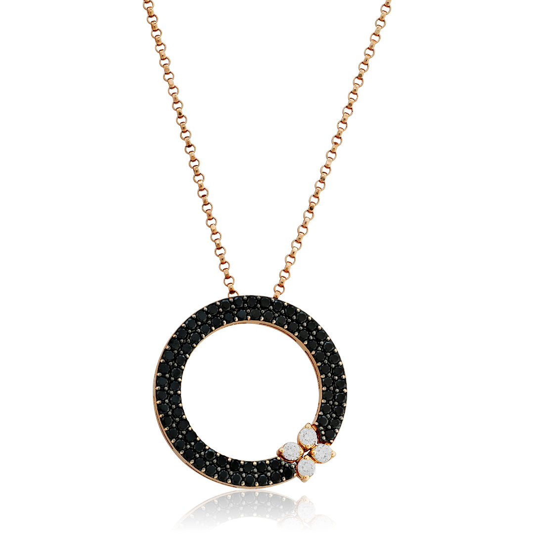 18K Rose Gold Love In Verona Collection White and Black Diamond Circle Necklace