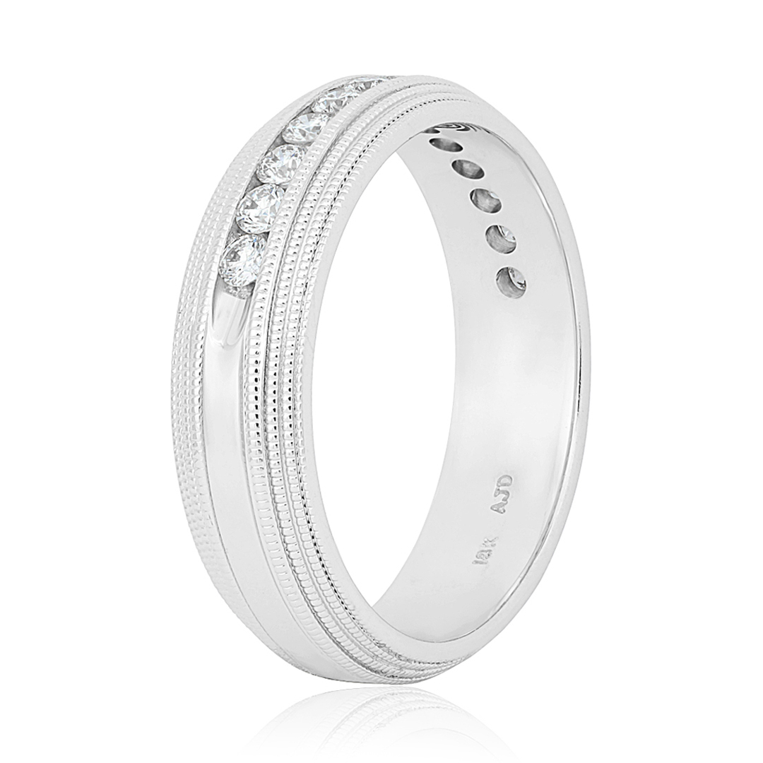 TIVOL 18K White Gold and Diamond Men's Band Ring with Milgrain Detail