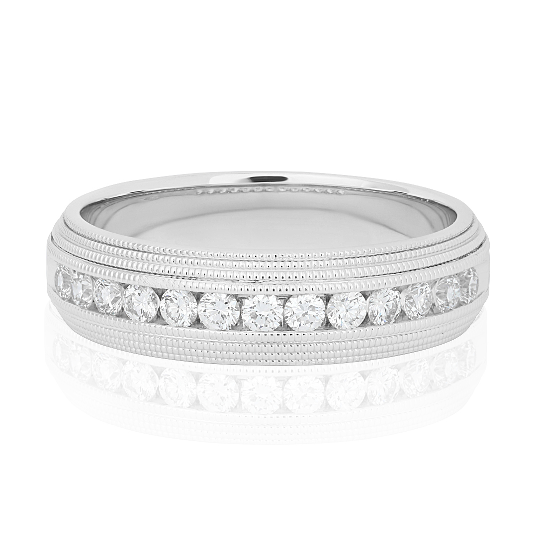 TIVOL 18K White Gold and Diamond Men's Band Ring with Milgrain Detail itemprop=