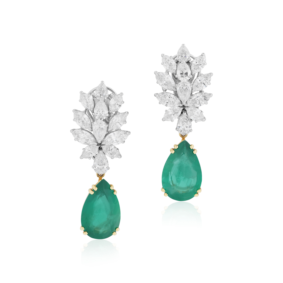 18K White and Yellow Gold Emerald and Diamond Drop Earrings itemprop=