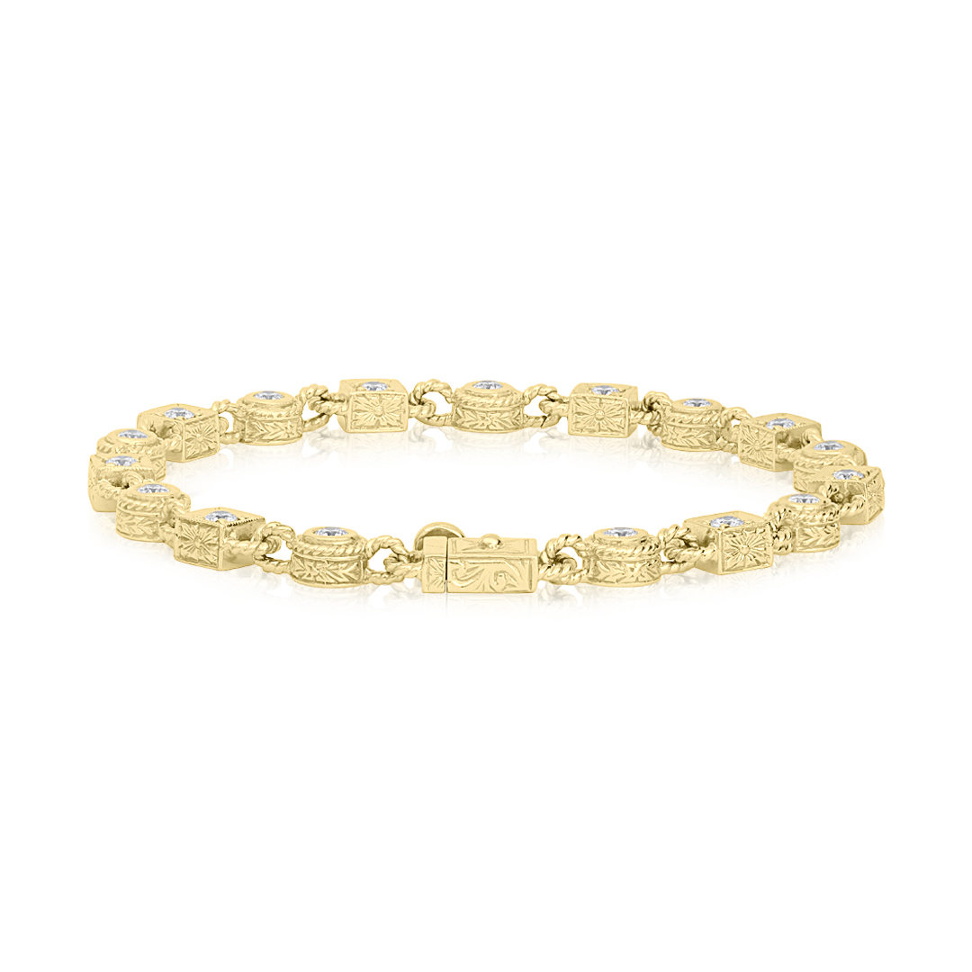 18K Yellow Gold Round and Square Station Diamond Line Bracelet