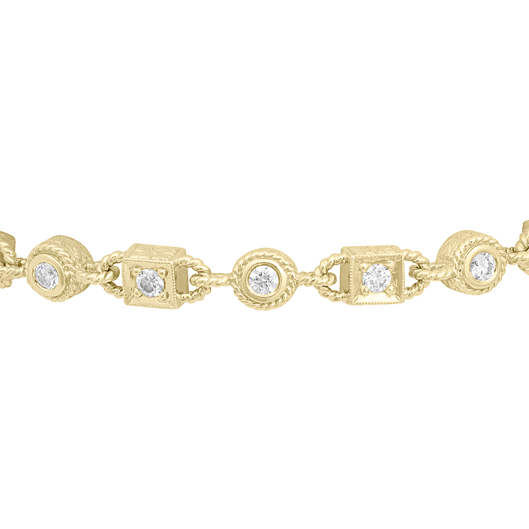 18K Yellow Gold Round and Square Station Diamond Line Bracelet