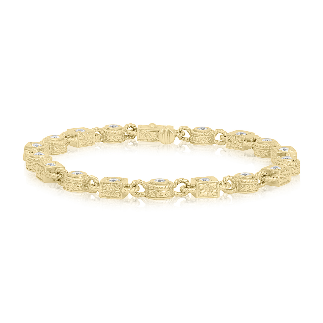 18K Yellow Gold Round and Square Station Diamond Line Bracelet