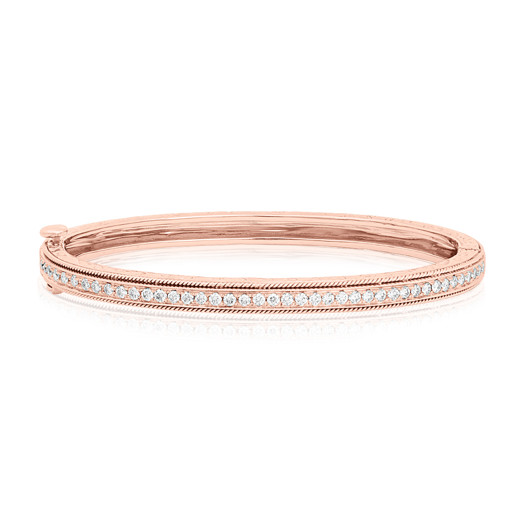 18K Rose Gold Engraved Round Diamond Bracelet