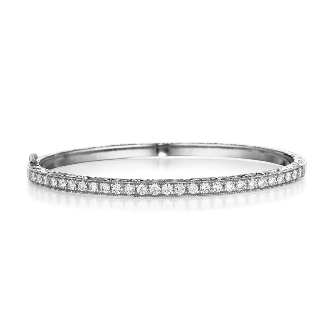 Penny Preville 18K White Gold Engraved Round Diamond Bracelet