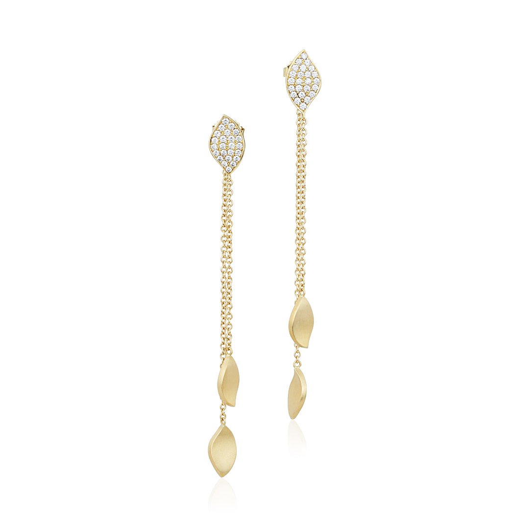 18K Yellow Gold Lotus Collection Double Drop Leaf Earrings With Diamonds