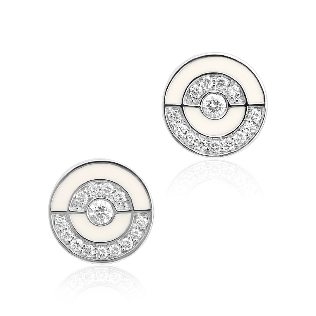 18K White Gold White Enamel Diamond Stud Earrings