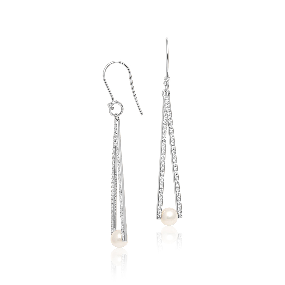18K White Gold Triangular Pearl and Diamond Earrings