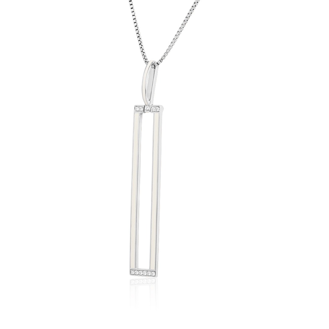 18K White Gold Rectangular White Enamel Diamond Pendant Necklace