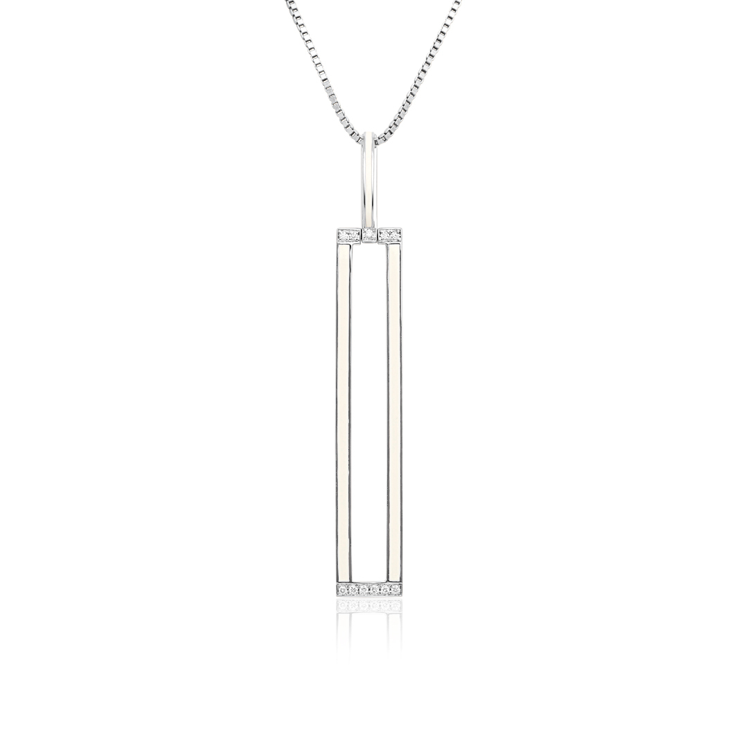 18K White Gold Rectangular White Enamel Diamond Pendant Necklace itemprop=