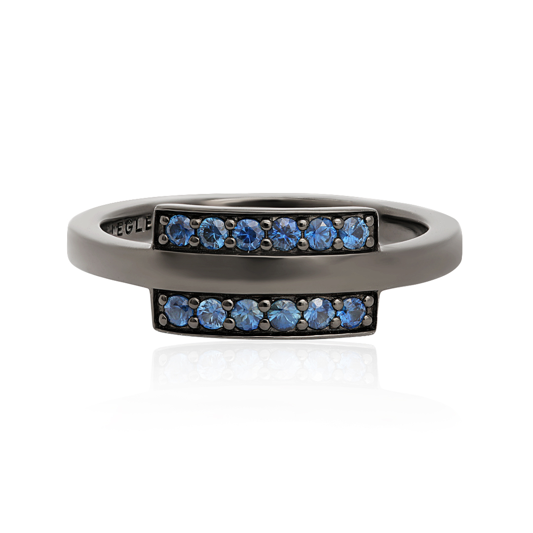 Oxidized 18K White Gold Double Bar Blue Sapphire Ring