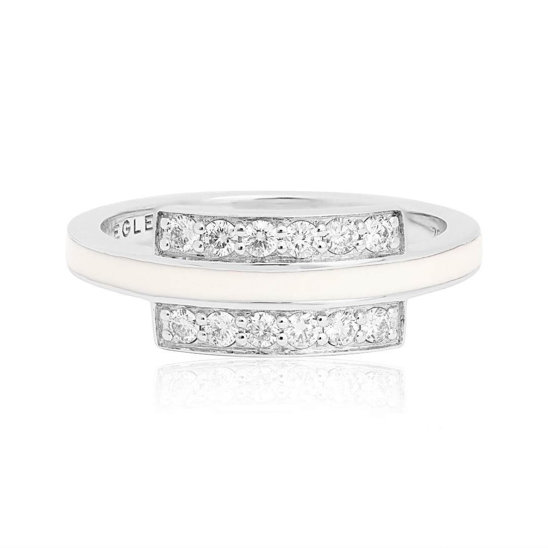 18K White Gold White Enamel Double Row Diamond Ring