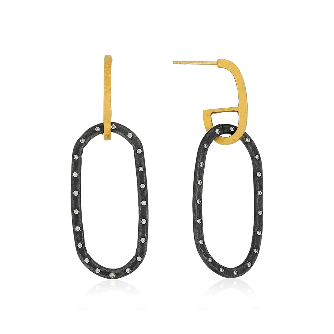 Oxidized Sterling Silver and 22K Yellow Gold Diamond Earrings itemprop=