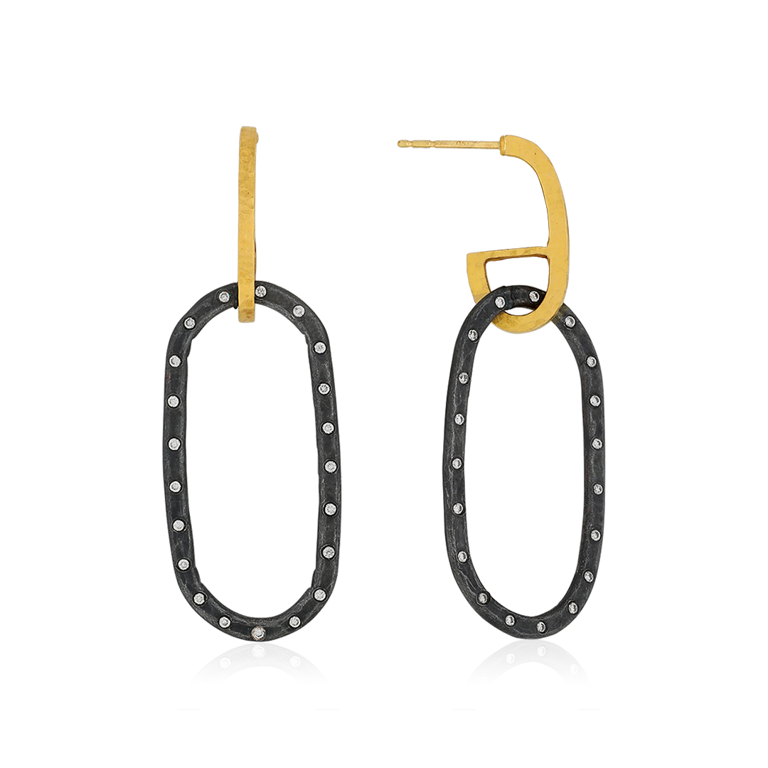 Oxidized Sterling Silver and 22K Yellow Gold Diamond Earrings