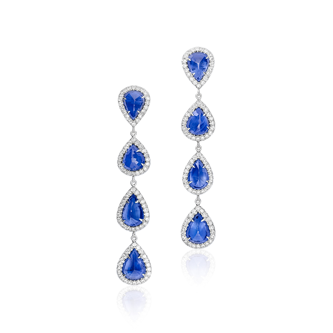18k White Gold Diamond and Sapphire Halo Drop Earrings itemprop=